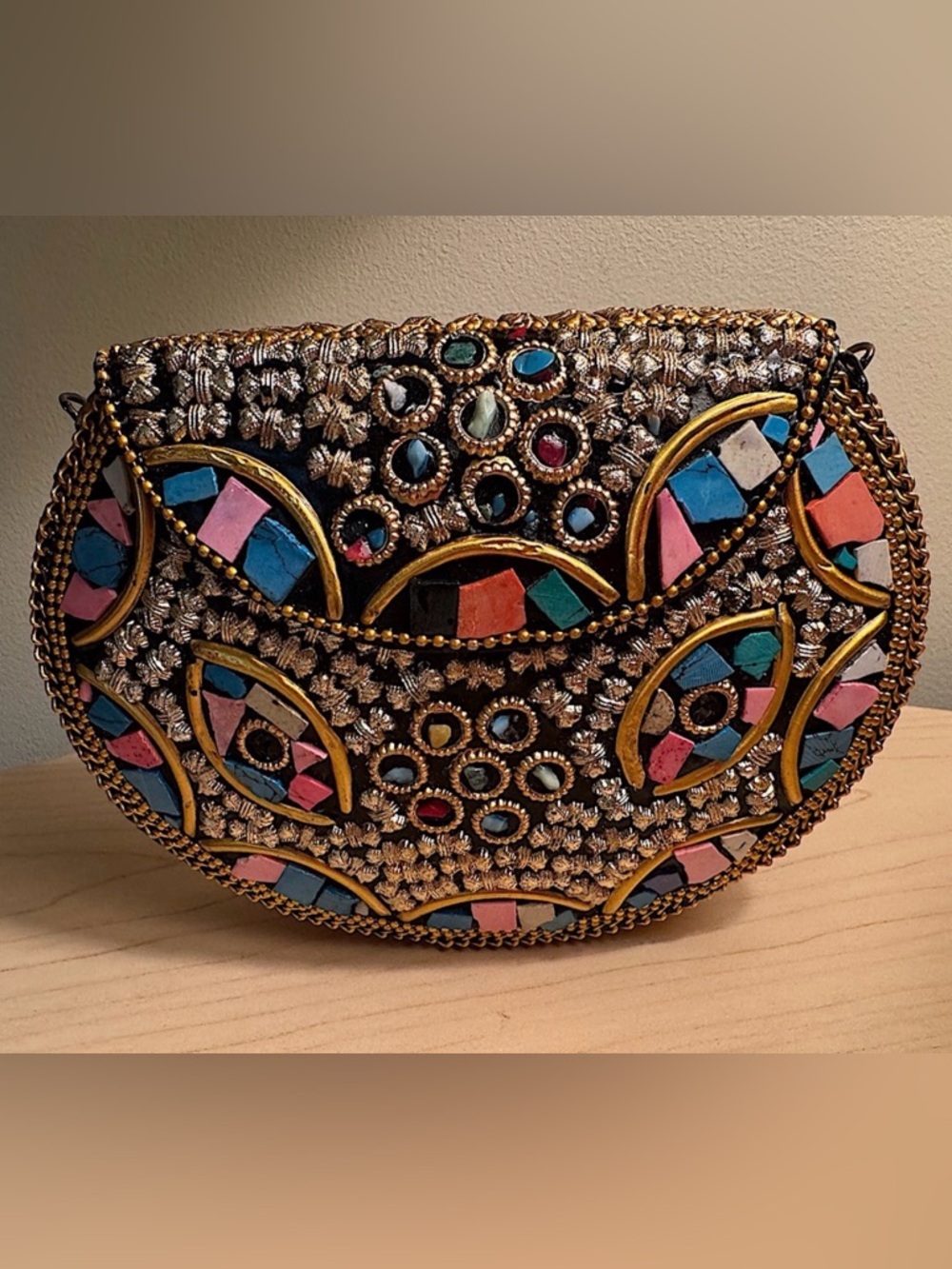 Ramla Rio Multicolored Gold Mosaic Clutch Crossbody Handmade in Morocco NWOT